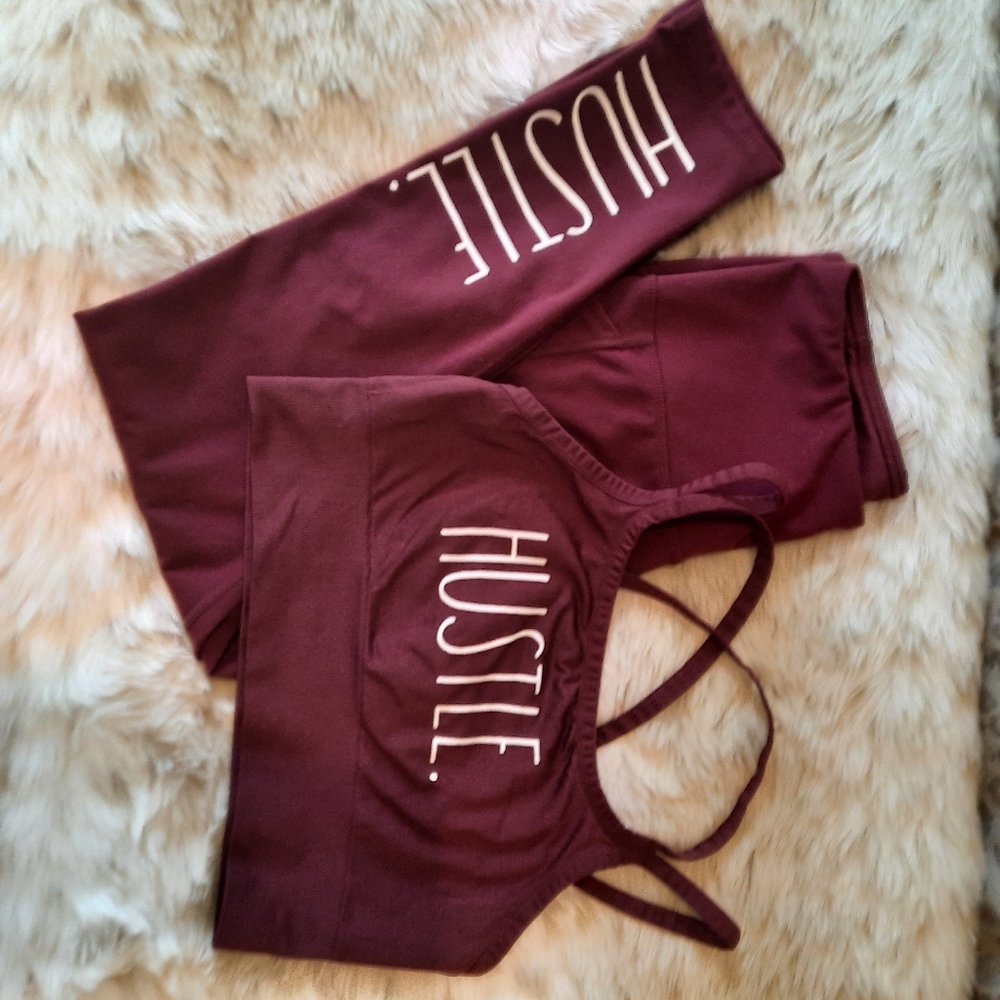 Rae Dunn Maroon Hustle Leggings and Sports Bra New